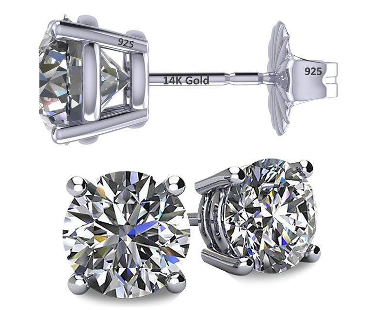 Central Diamond Center 14K Solid Gold Post & Sterling Silver 4 Prong CZ Stud Earrings - Platinum Plated - 10.0mm - 8.00cttw - Image 1